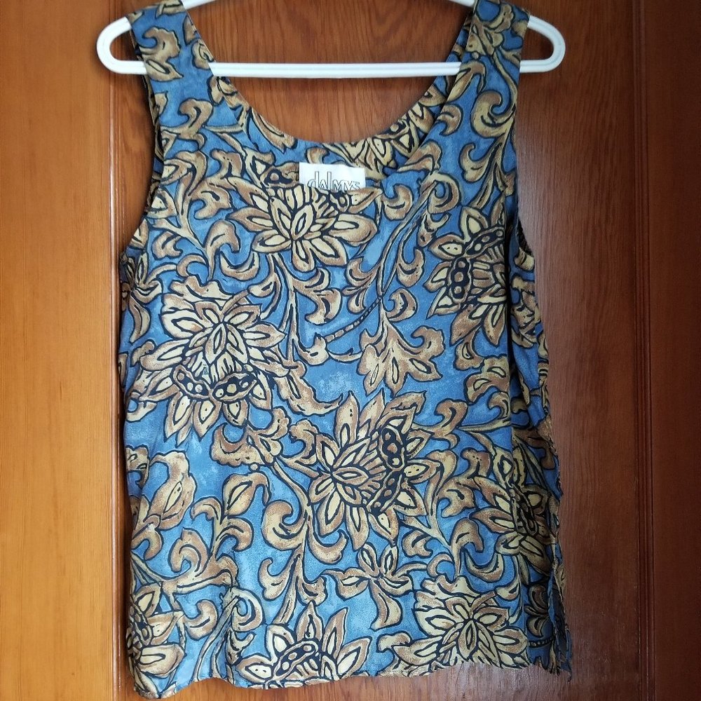 Rare 90s, mid blue/gold, scoop neck, dressy silk top, S, Dalmys sleeveless top